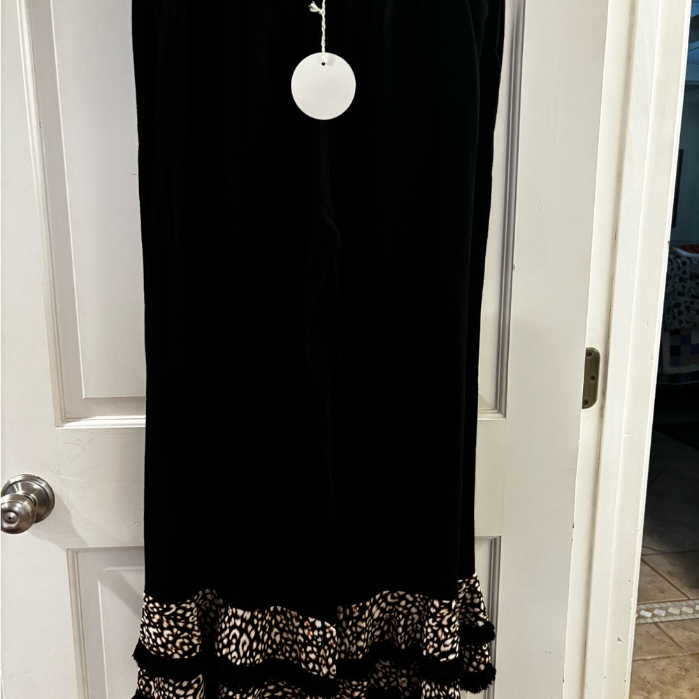 Umgee Black Pants with Leopard Print Trim